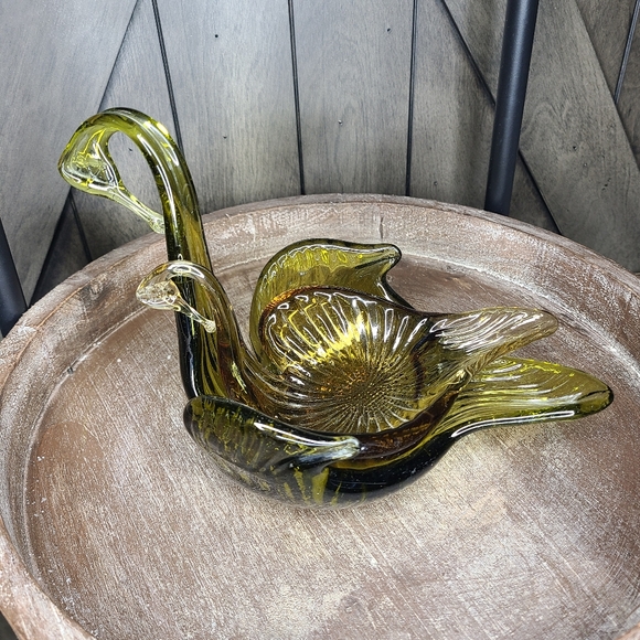 Vintage Hand Blown Art Glass Swan Trinket Dishes In Olive Green and Amber - Picture 2 of 12